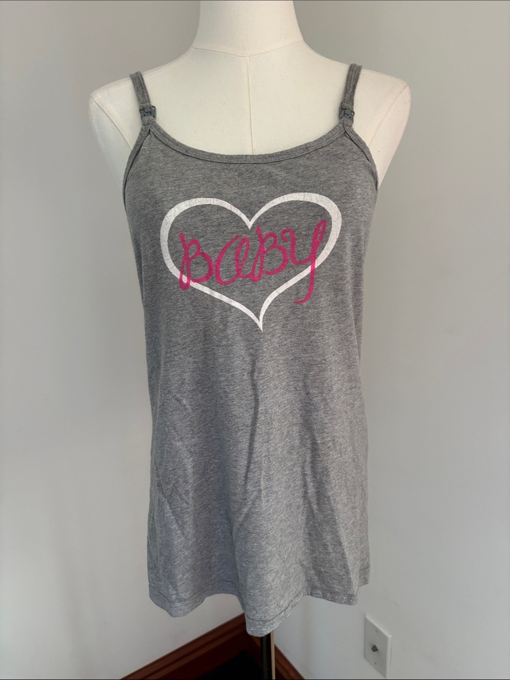 Lamaze Nursing Gray Cami with White Heart and Pink "baby" Script